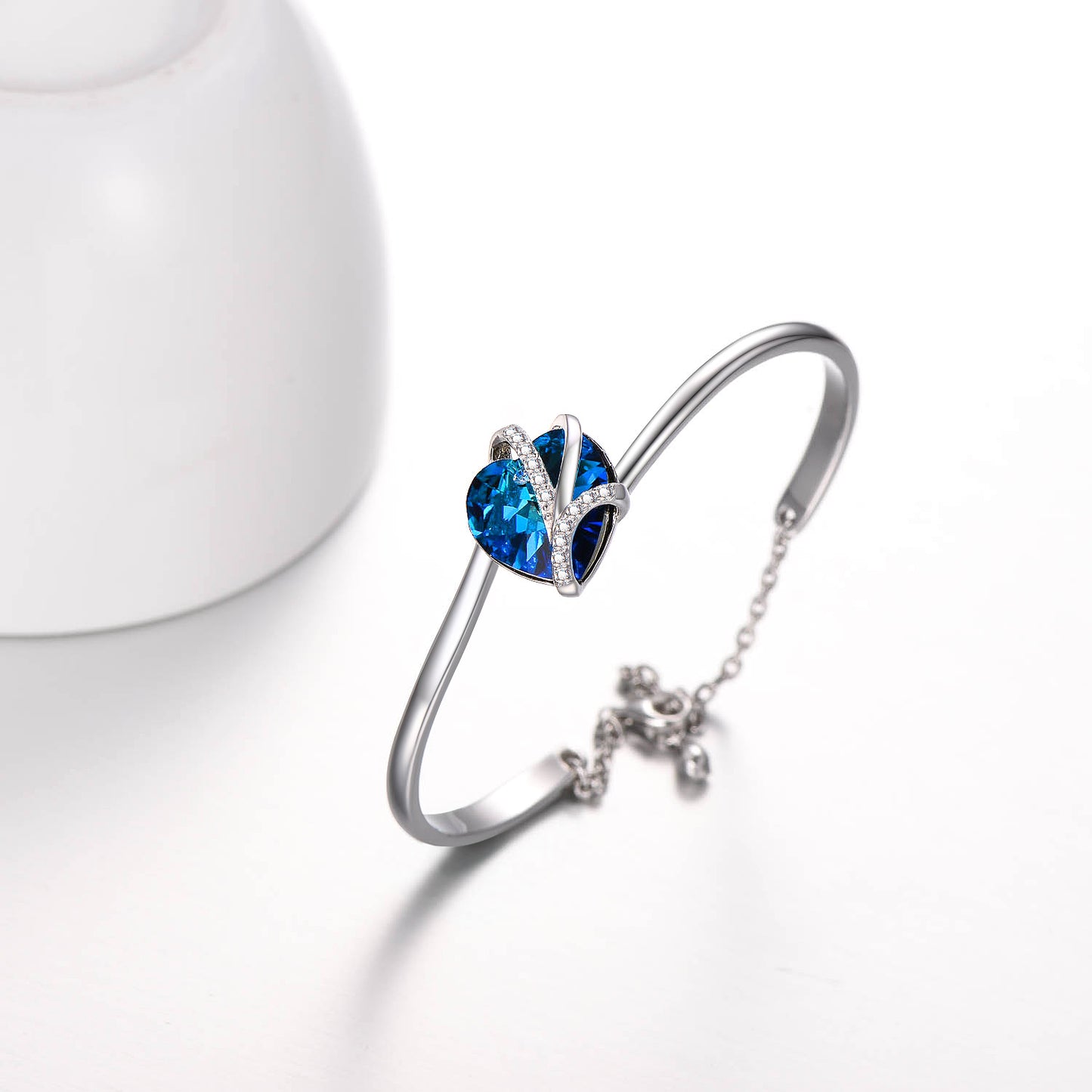 925 Sterling Silver Love Heart Bangle with Blue Crystals,I Love You Bracelet