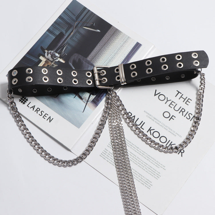 Fashion All-match Black Belt Tassel Chain Double Row Perforated Hundred Matching Waist Seal