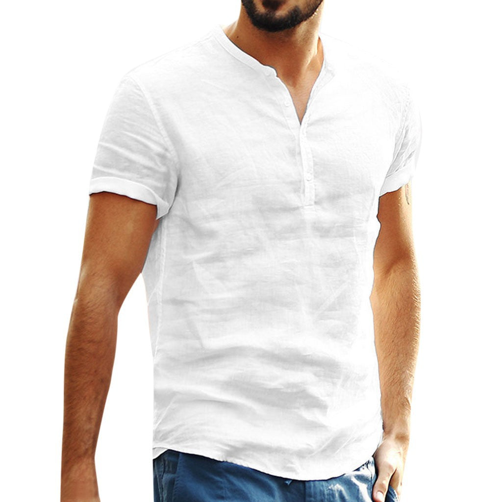 Stand-up collar cotton and linen short-sleeved shirt