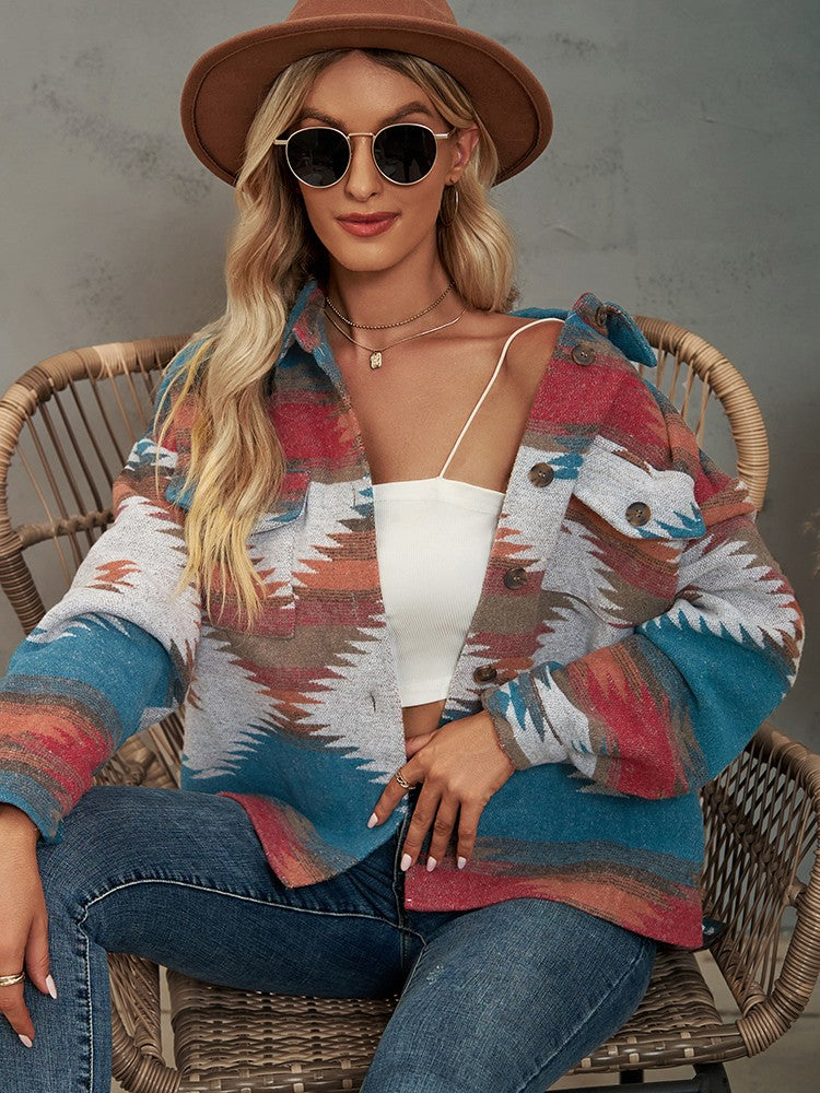 Geometric Pattern Cropped Loose Lapel Pocket Jacket