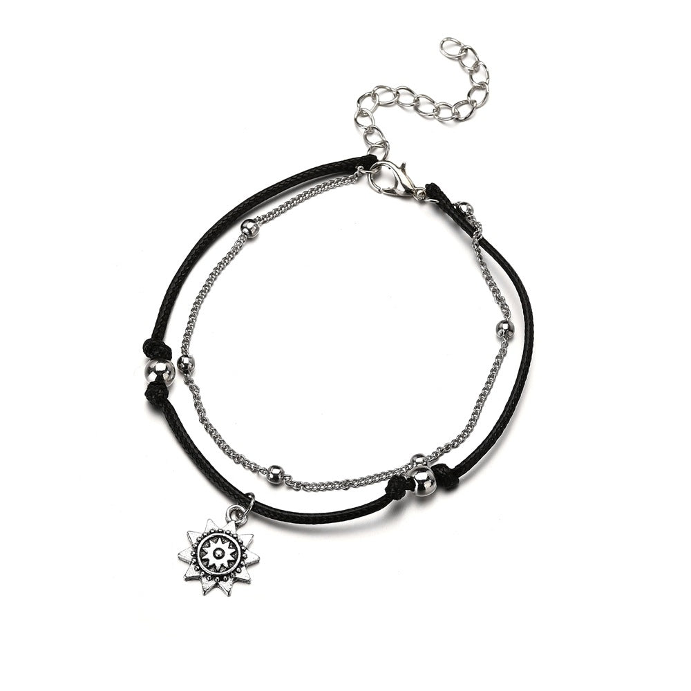 Double Ancient Silver Alloy Sun Pendant Anklet