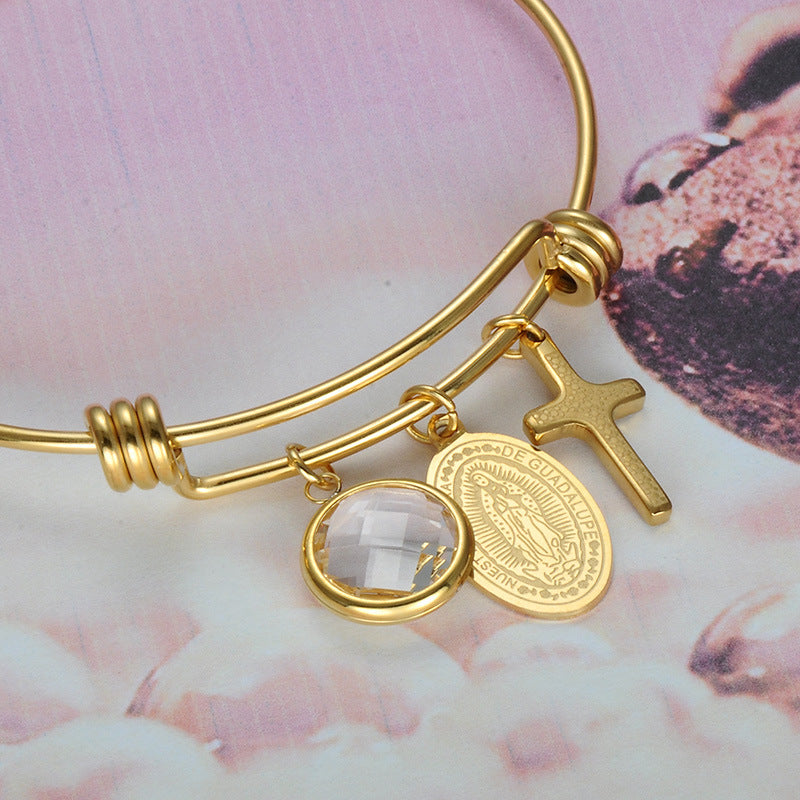 Stainless Steel Virgin Mary Cross Pendant Bracelet