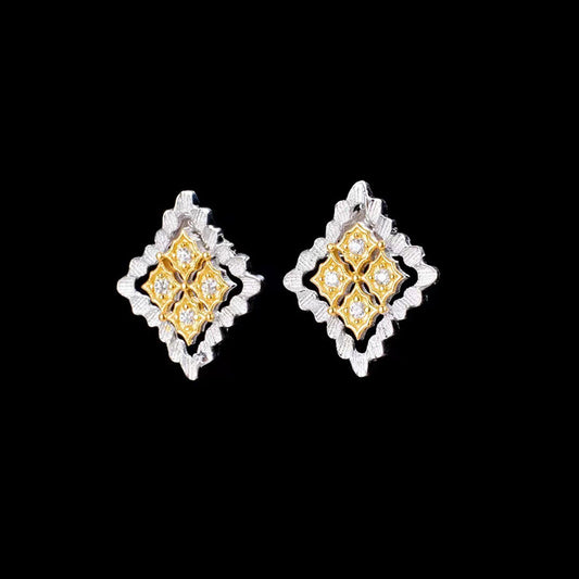 Italian Craft Diamond Stud Earrings Gold Plated Two Tone