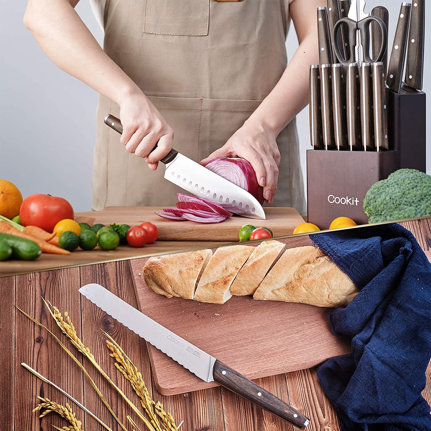 Kitchen Knife Sets, 15 Piece Knife Sets with Manual Sharpener