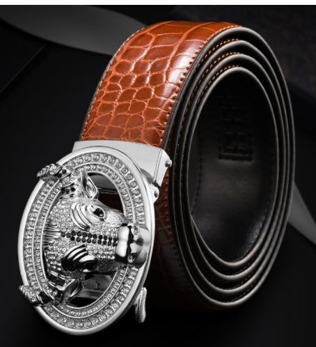 Automatic Buckle Leather With Diamond-studded Pattern Bull Head Belt