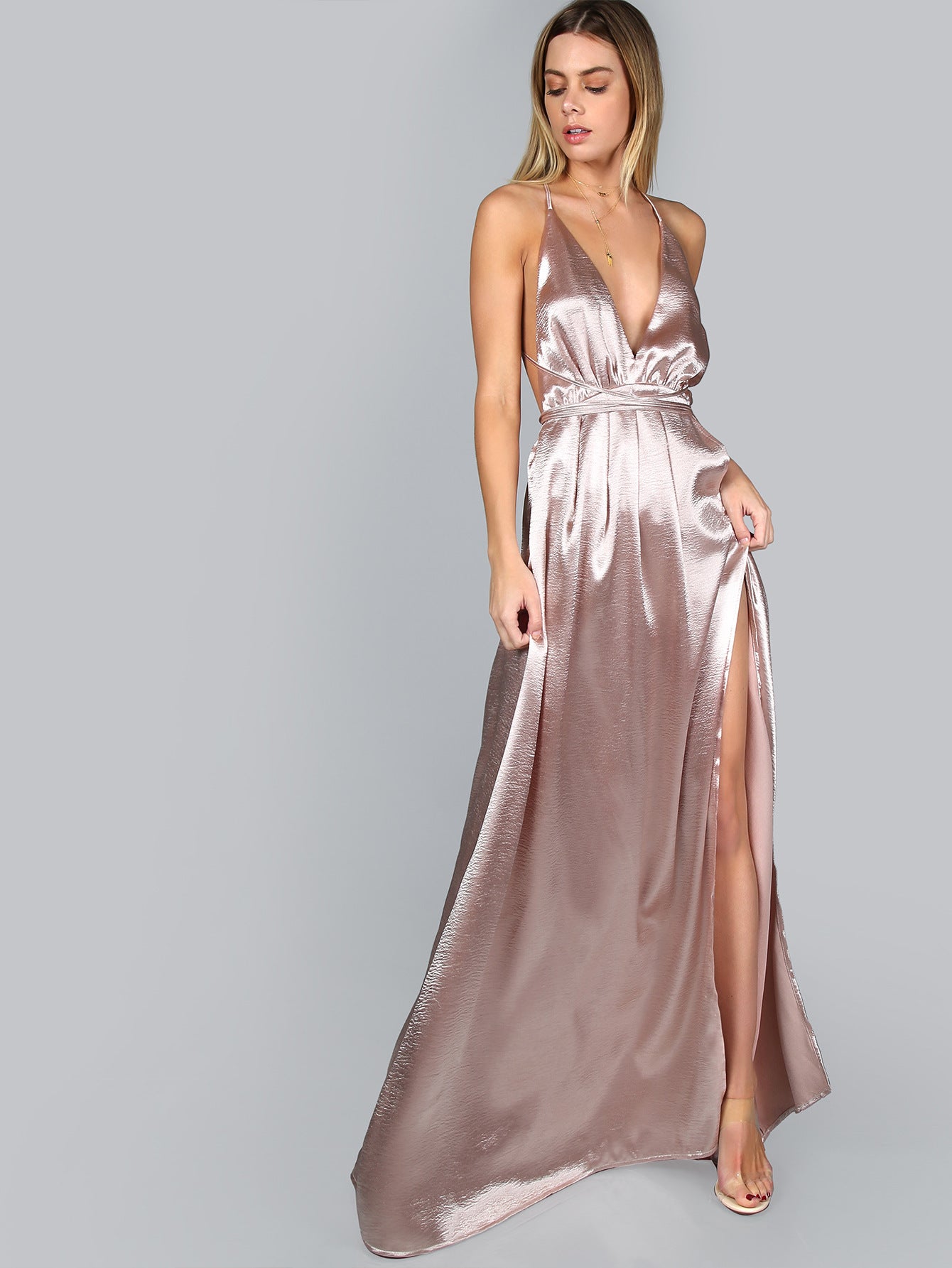 Pure Color Satin Dress Harness Backless Split Long Dress