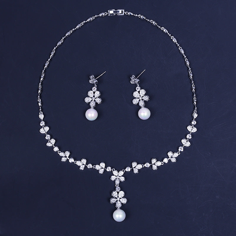 Pearl Zircon Earrings Two-piece Suit Bridal Wedding Dress Necklace