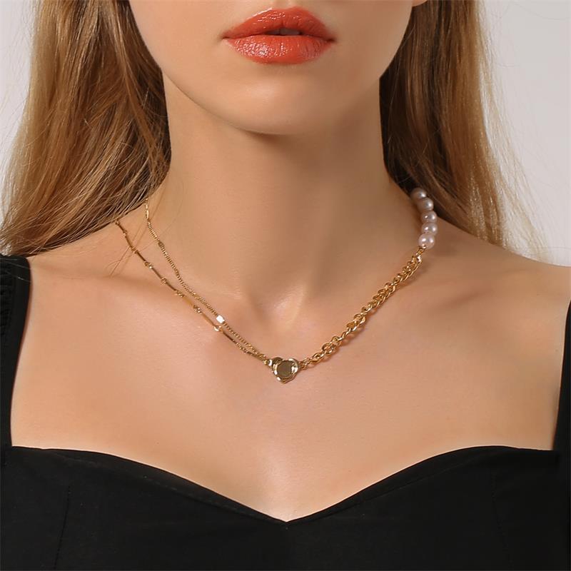 Simple Personality Hip Hop Cross Pearl Asymmetric Stitching Necklace