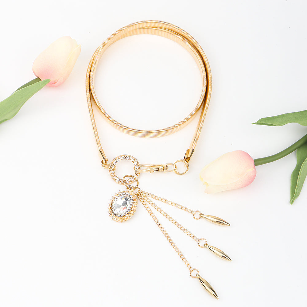 Fashion Small Incense Wind Metal Oval Rhinestone Waist Chain Women's Fringe Pendant With Dress Decoration Women's Waist Seal