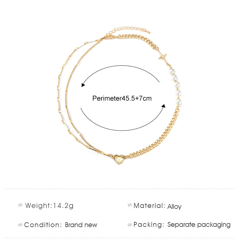 Simple Personality Hip Hop Cross Pearl Asymmetric Stitching Necklace