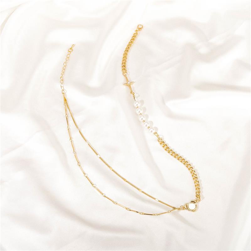 Simple Personality Hip Hop Cross Pearl Asymmetric Stitching Necklace