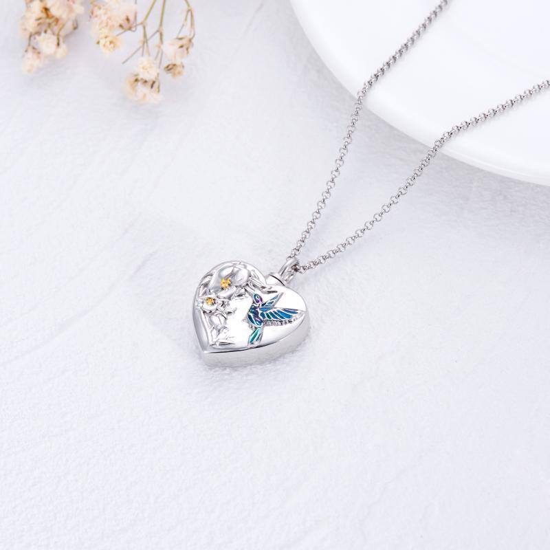 Hummingbird Flower Cremation Urn Necklace for Human Ashes 925 Sterling Silver Heart Keepsake Memorial Locket Holder Jewelry Gift