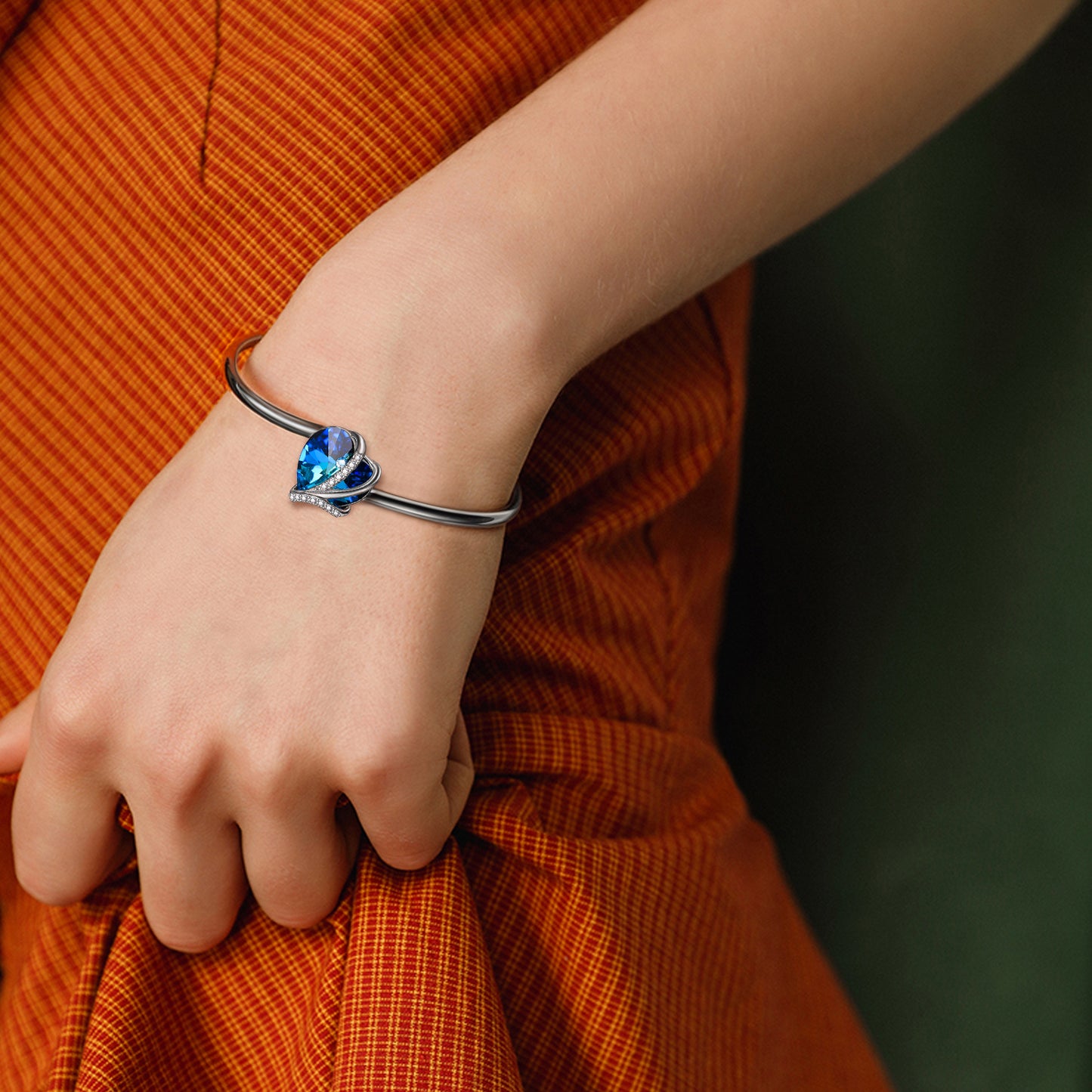 925 Sterling Silver Love Heart Bangle with Blue Crystals,I Love You Bracelet