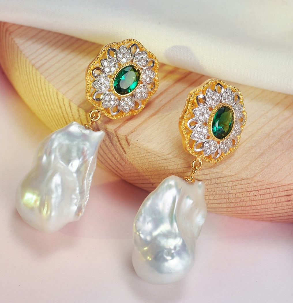 925 Silver Gilded Natural Seawater Baroque Pearl Earrings