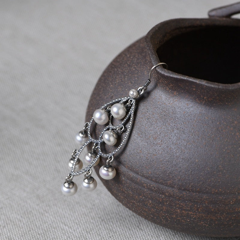 925 Vintage Thai Silver Tassel Pearl Silver Earrings