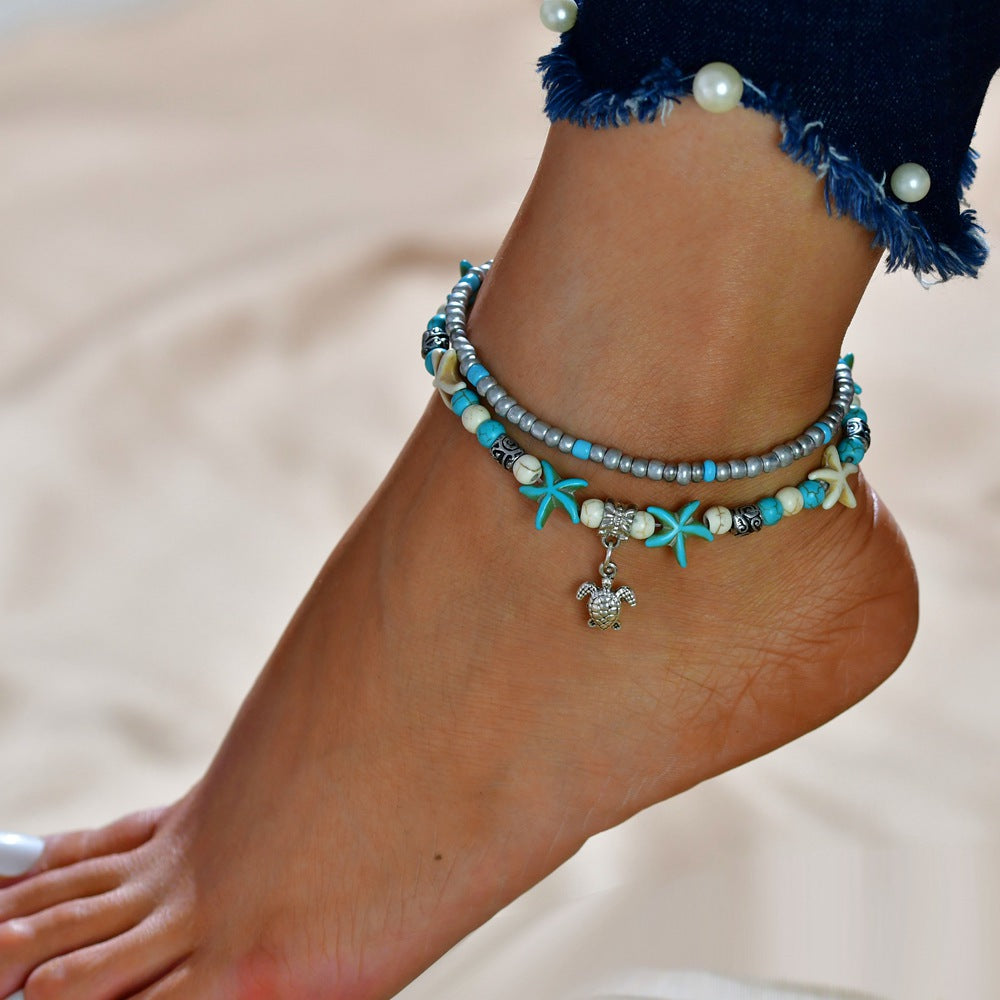 Conch starfish pendant rice bead anklet