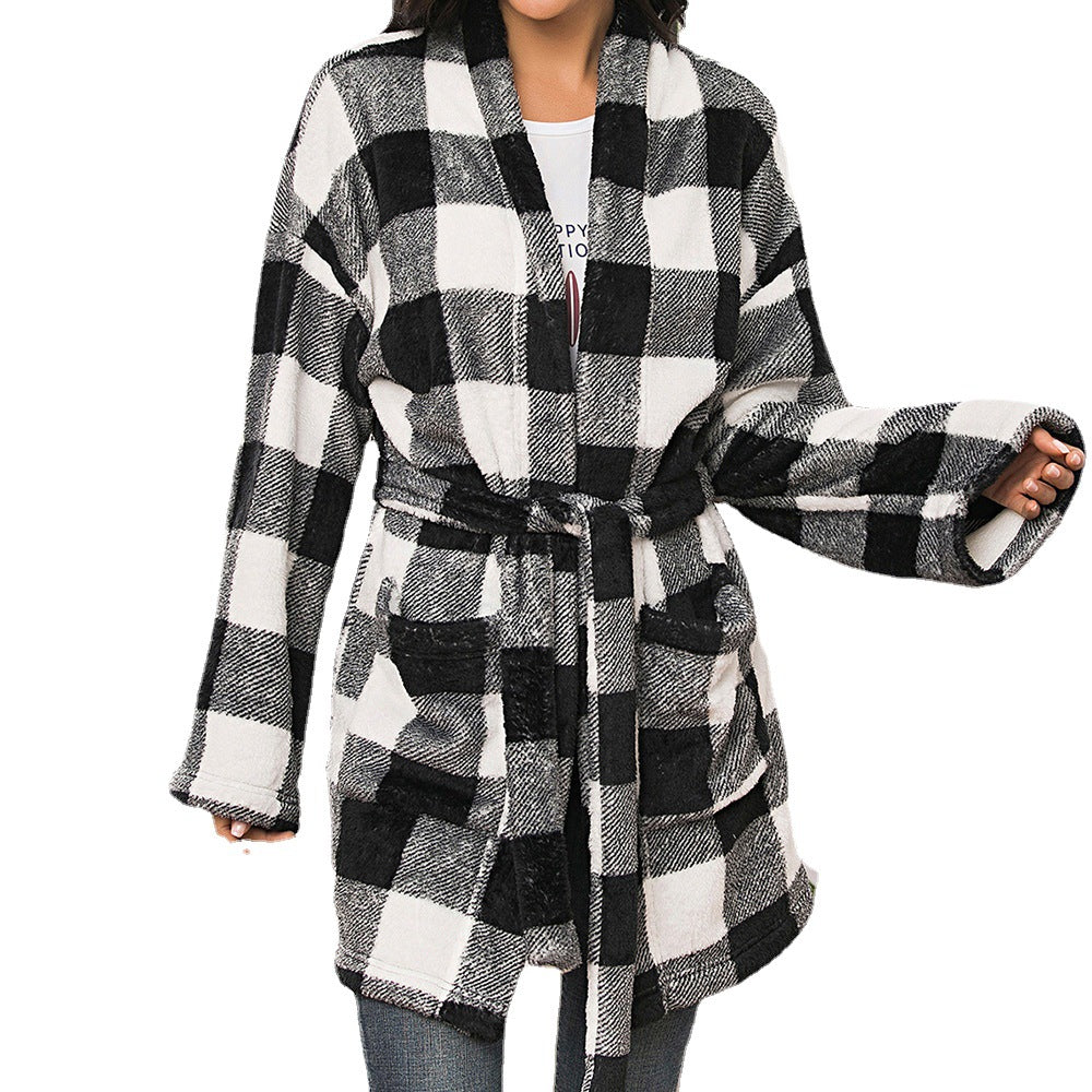 Casual Mid-length Strappy Waist PlaidWomen's Shirt Jacket