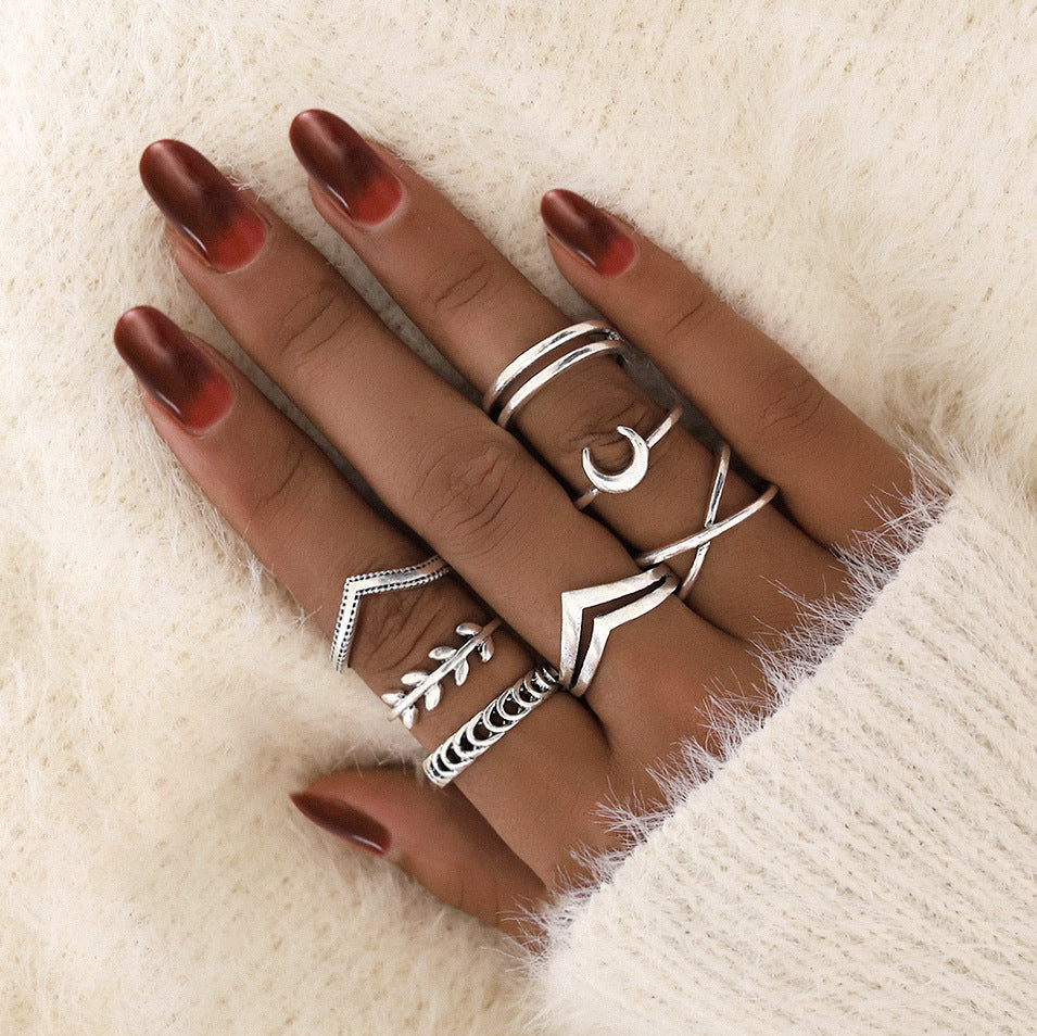 Set of 7 Silver Moon Leaf Rings