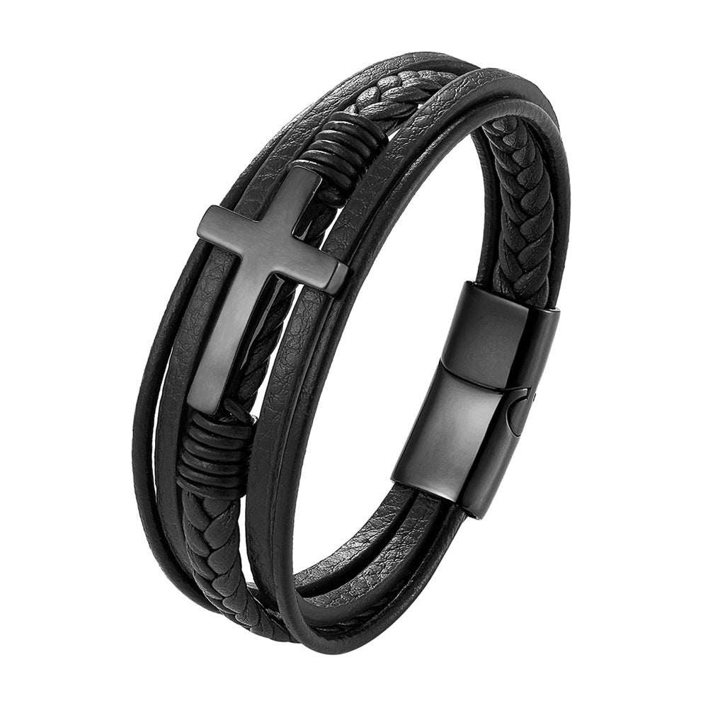 Fashion Cross Bracelet Stainless Steel Black Gold Steel Color Multilayer Braided Bracelet