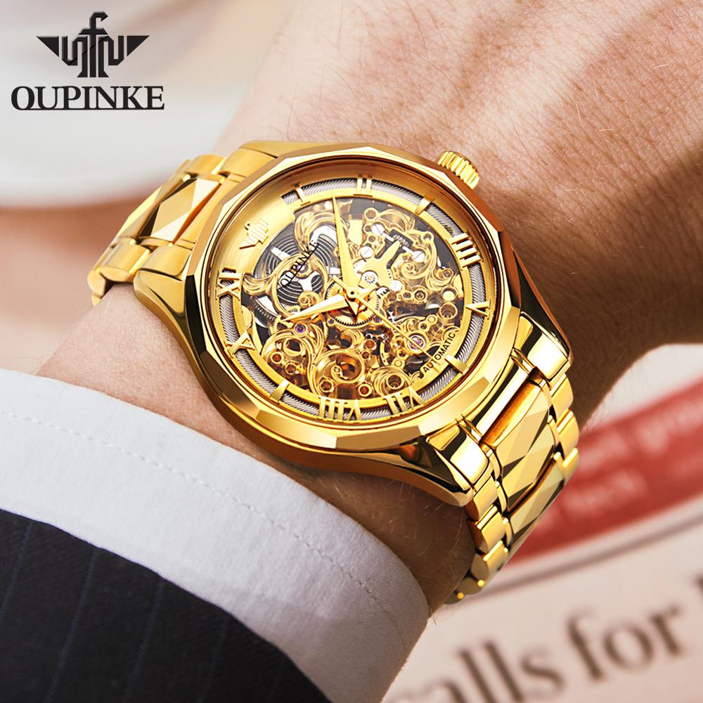 OUPINKE Luxury Men Watches Gold Skeleton Mechanical Watch Men Automatic Sapphire Glass Stainless Steel Wristwatch