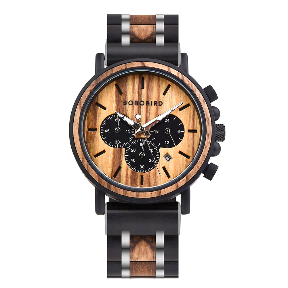 Wooden Stainless Steel Watch Men Water Resistant Timepieces Chronograph Quartz Watches
