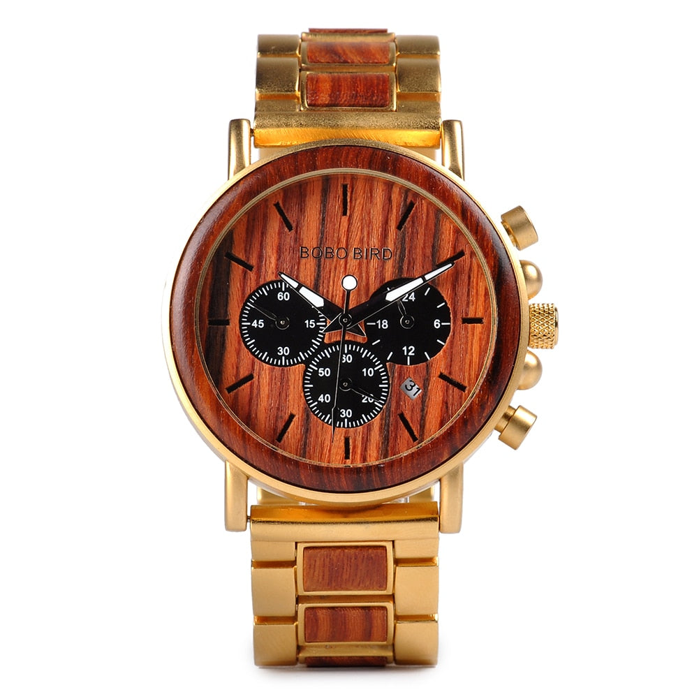 Wooden Stainless Steel Watch Men Water Resistant Timepieces Chronograph Quartz Watches