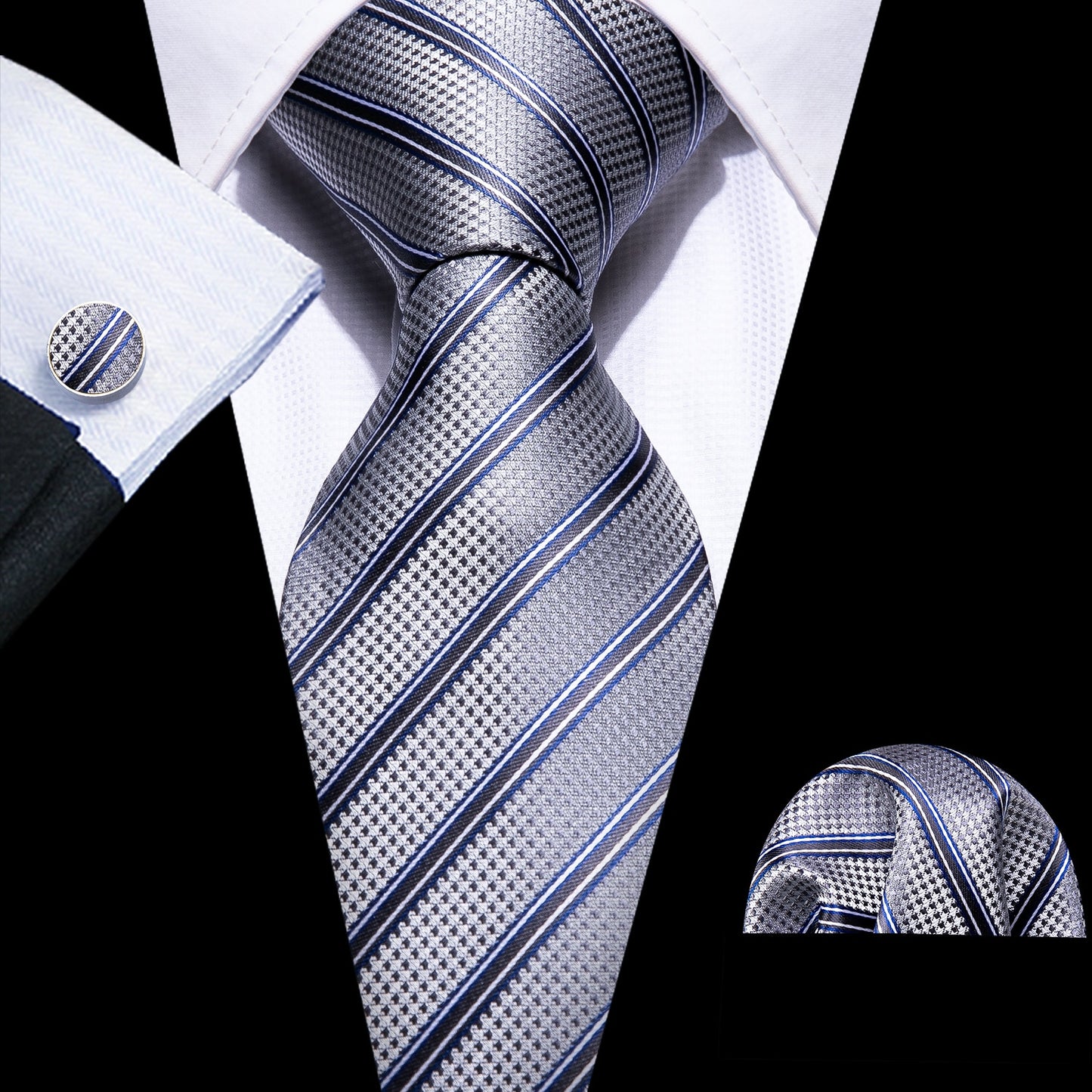 Men Tie Gold Navy Striped 100% Silk Tie