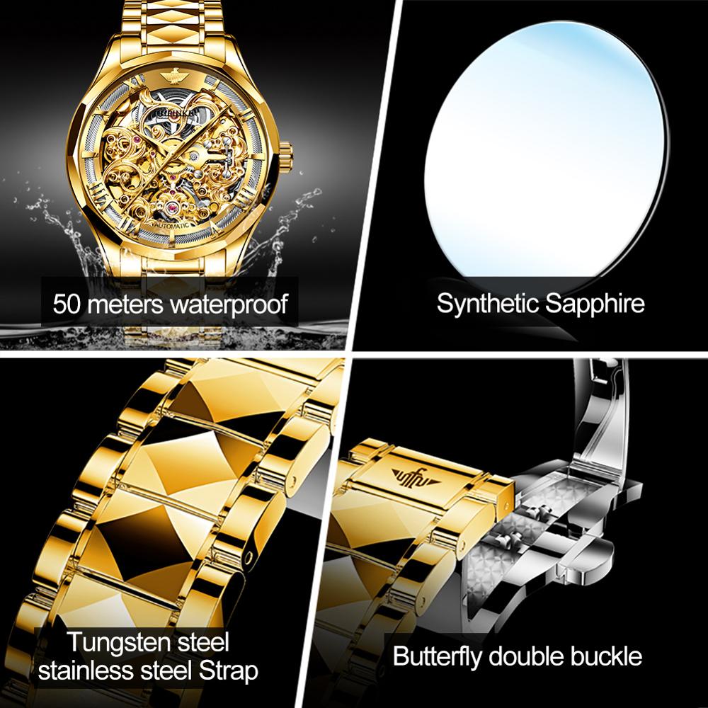 OUPINKE Luxury Men Watches Gold Skeleton Mechanical Watch Men Automatic Sapphire Glass Stainless Steel Wristwatch