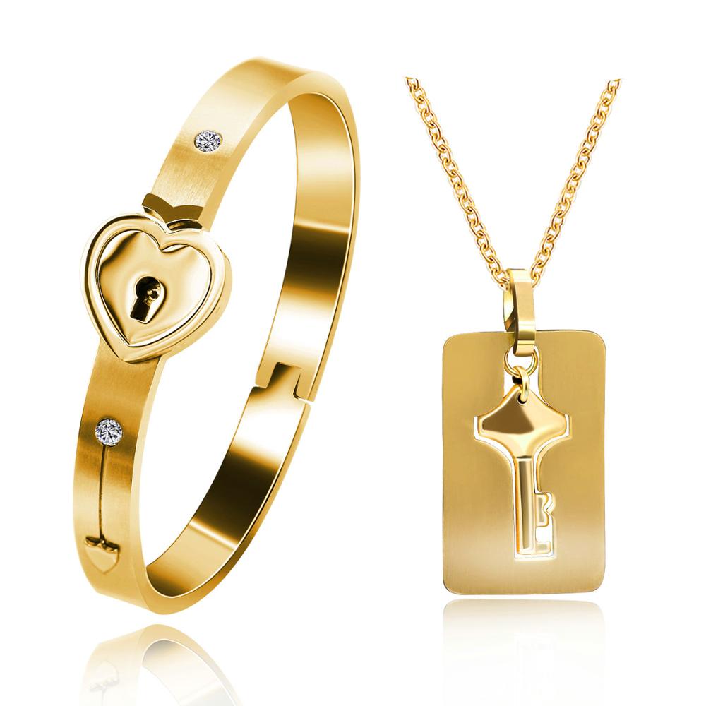 Uloveido Stainless Steel Lock and Key Necklace and Bracelet Matching Jewelry for Men and Women