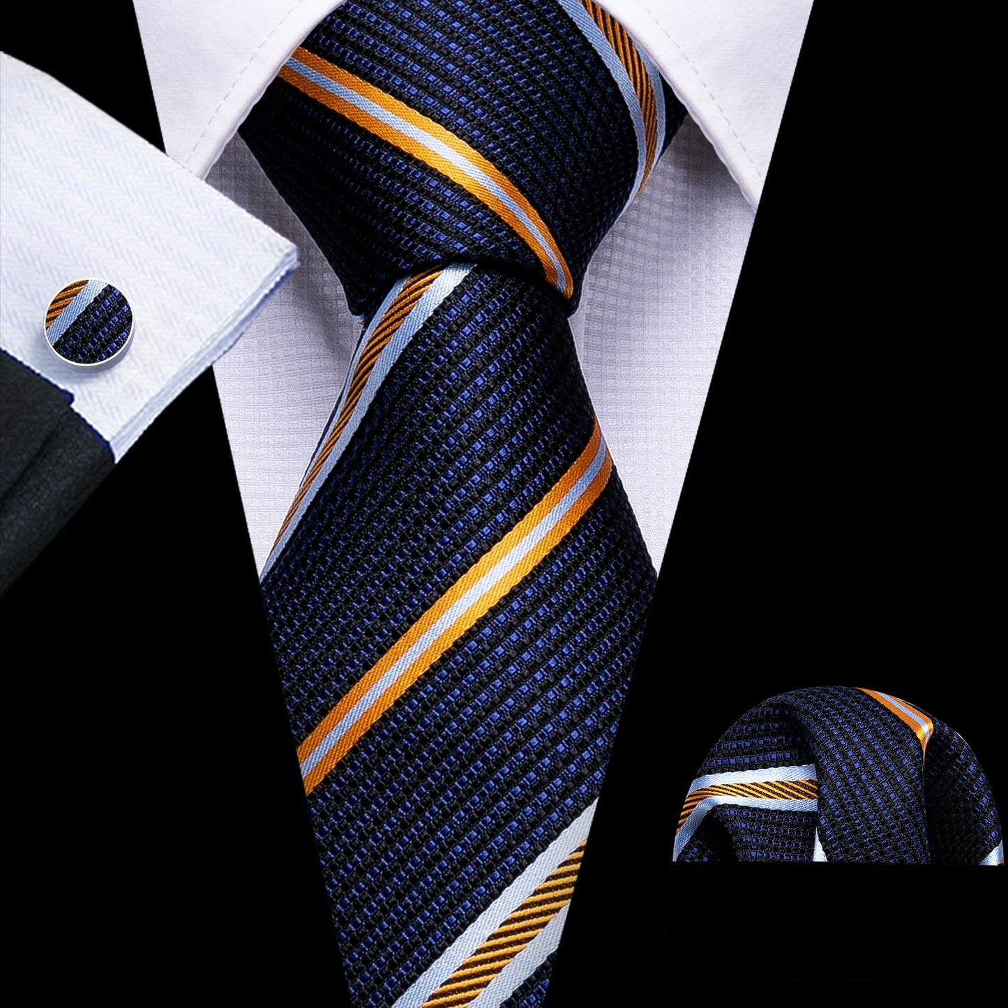 Men Tie Gold Navy Striped 100% Silk Tie