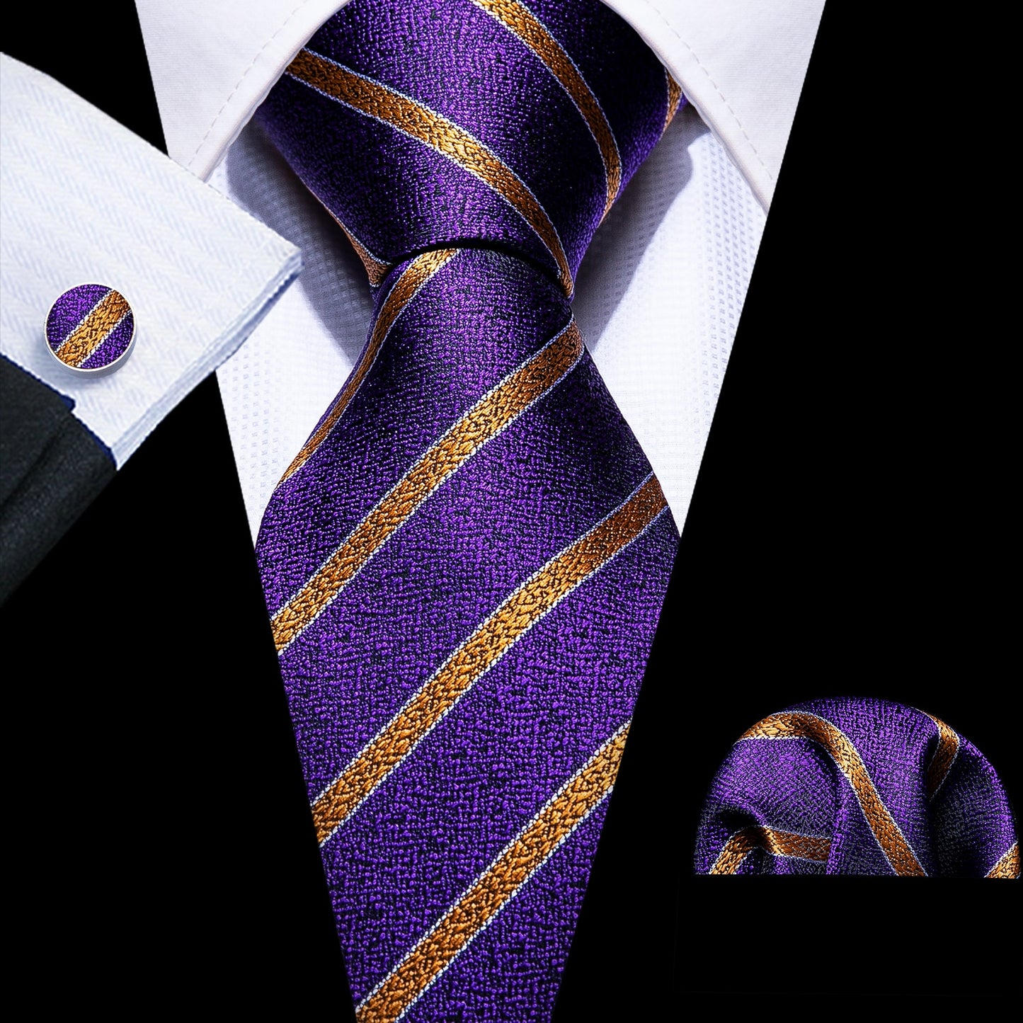 Men Tie Gold Navy Striped 100% Silk Tie