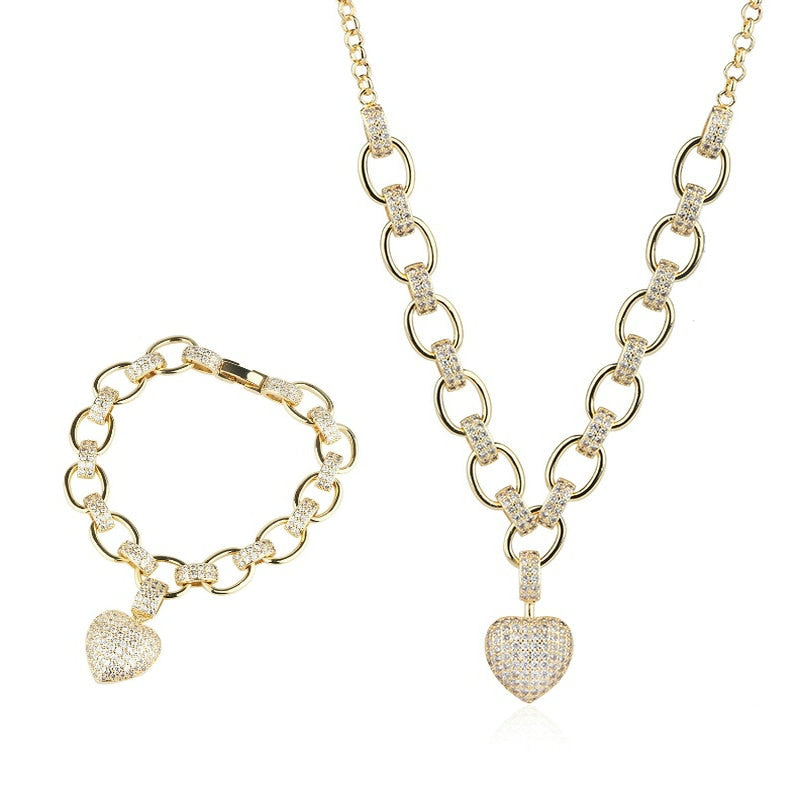 Cubic Zirconia Heart Pendant Necklace Bracelet Jewelry Set