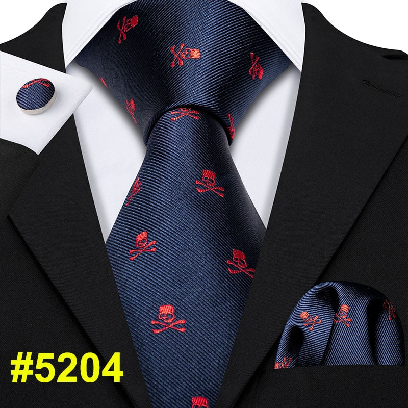 Fashion Designer Red Skull Men Tie Set 8.5cm Silk Handkerchief Ties for Men