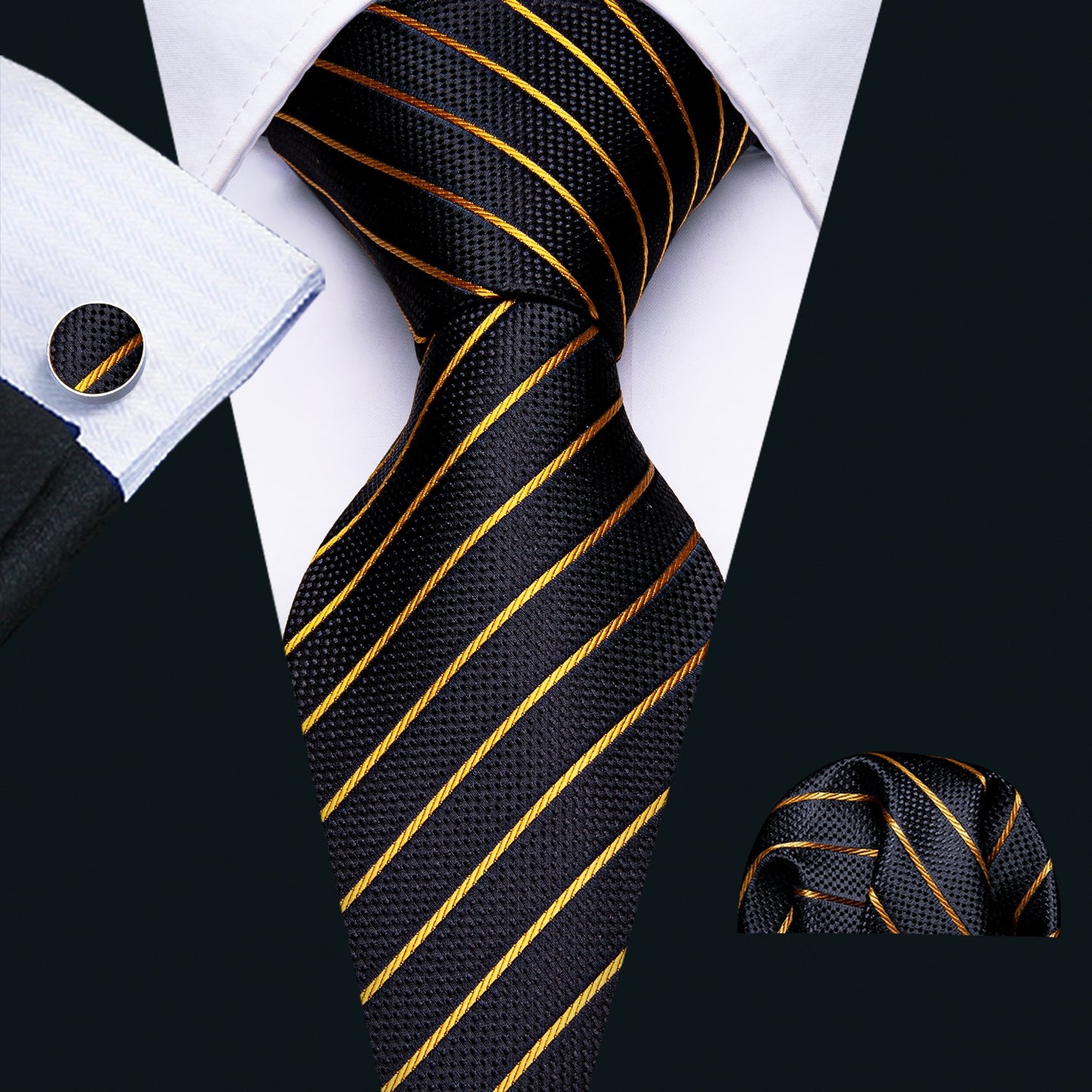 Men Tie Gold Navy Striped 100% Silk Tie