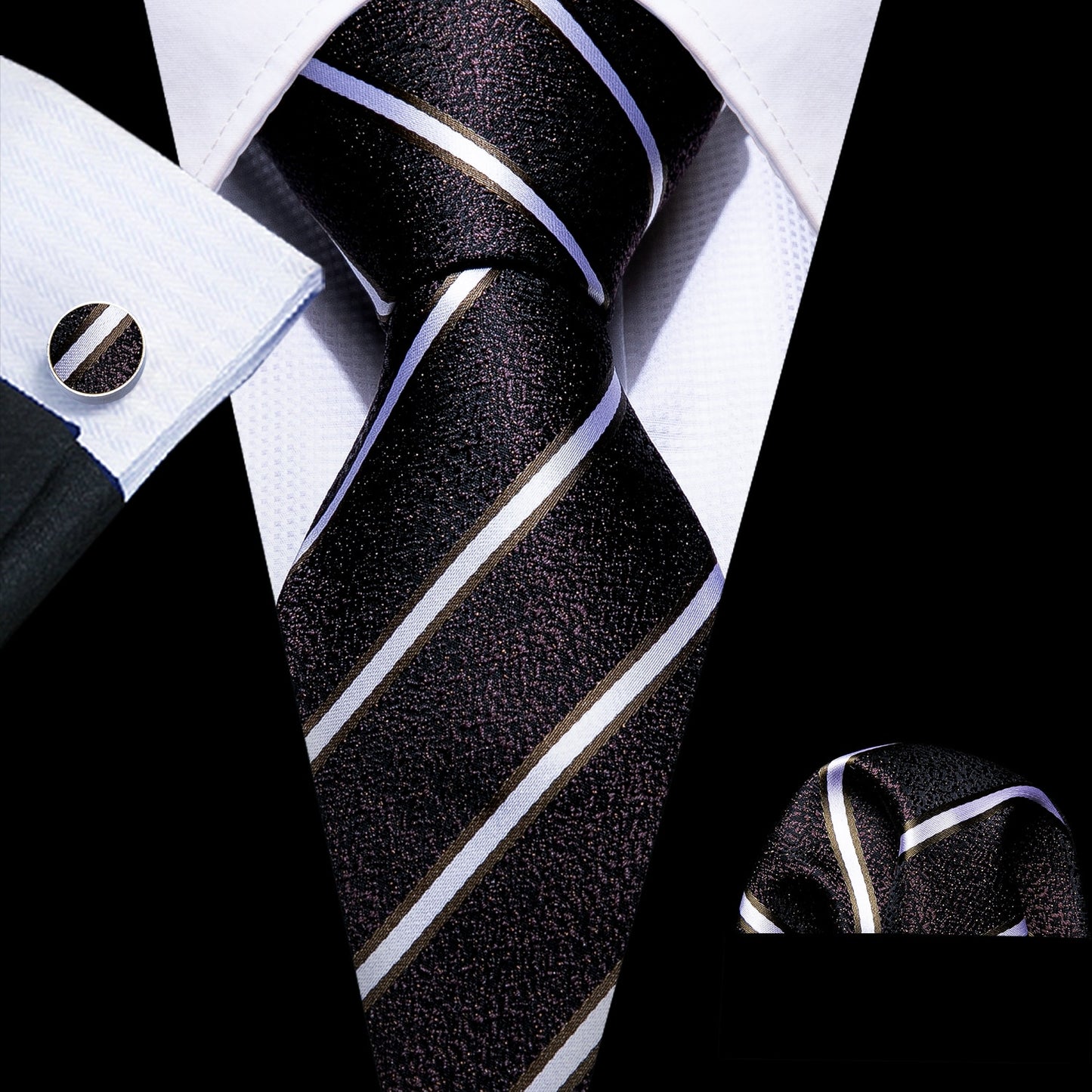 Men Tie Gold Navy Striped 100% Silk Tie