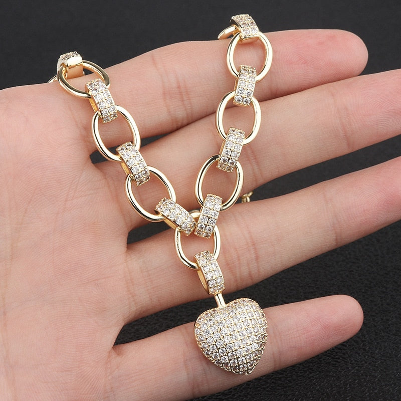 Cubic Zirconia Heart Pendant Necklace Bracelet Jewelry Set