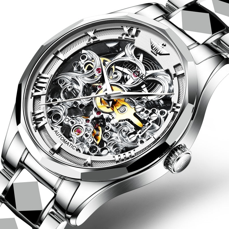 OUPINKE Luxury Men Watches Gold Skeleton Mechanical Watch Men Automatic Sapphire Glass Stainless Steel Wristwatch