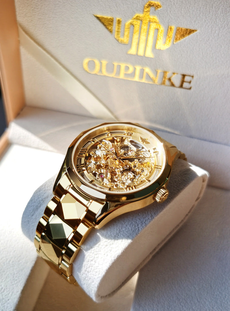 OUPINKE Luxury Men Watches Gold Skeleton Mechanical Watch Men Automatic Sapphire Glass Stainless Steel Wristwatch