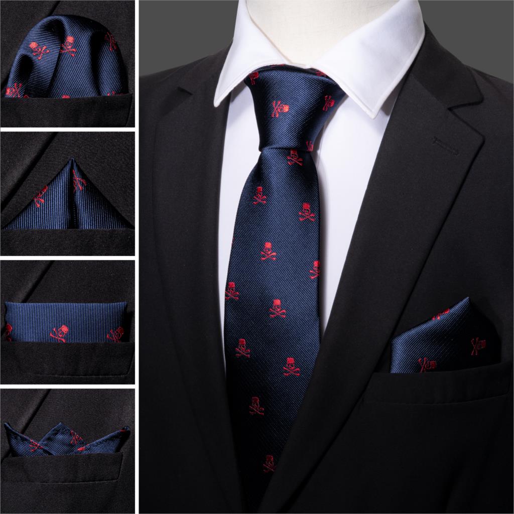 Fashion Designer Red Skull Men Tie Set 8.5cm Silk Handkerchief Ties for Men