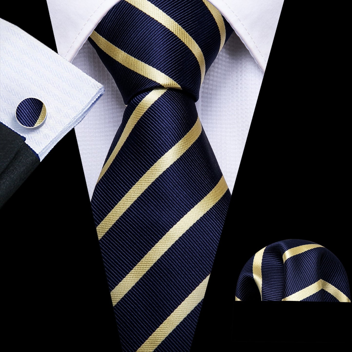 Men Tie Gold Navy Striped 100% Silk Tie