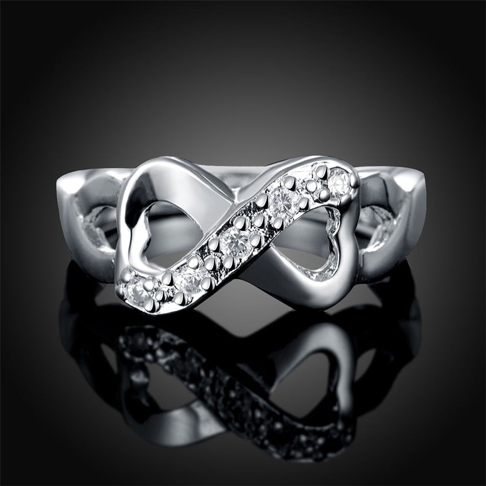 925 Sterling Silver AAA Zircon Double Heart Necklace Ring Set