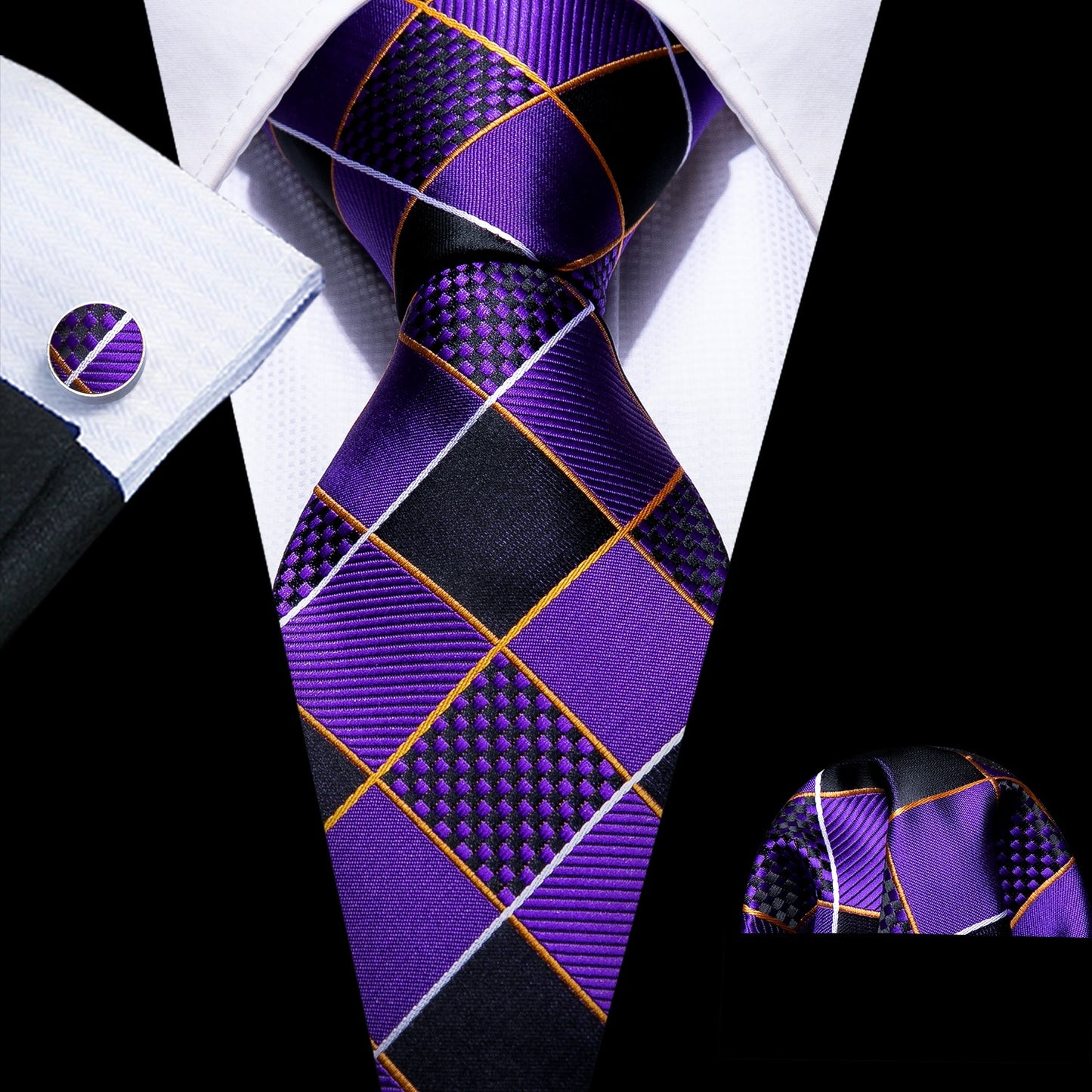 Men Tie Gold Navy Striped 100% Silk Tie