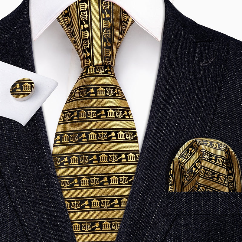 Men Tie Gold Navy Striped 100% Silk Tie
