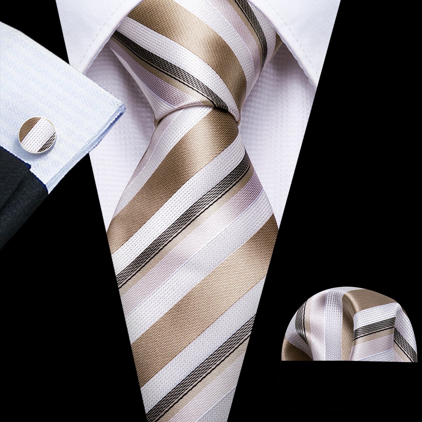 Men Tie Gold Navy Striped 100% Silk Tie
