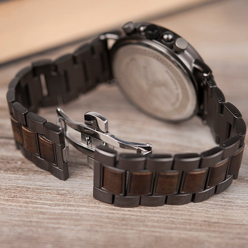 Wooden Stainless Steel Watch Men Water Resistant Timepieces Chronograph Quartz Watches