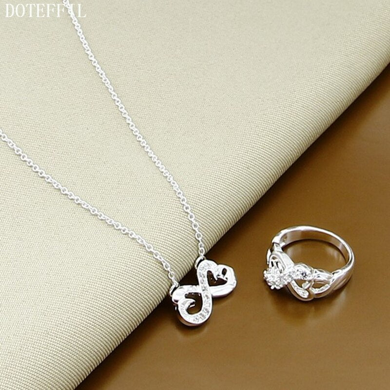 925 Sterling Silver AAA Zircon Double Heart Necklace Ring Set