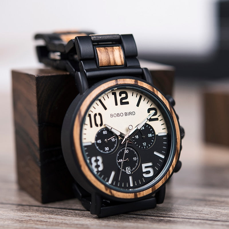 Wooden Stainless Steel Watch Men Water Resistant Timepieces Chronograph Quartz Watches