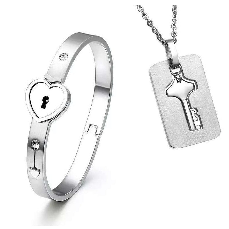 Uloveido Stainless Steel Lock and Key Necklace and Bracelet Matching Jewelry for Men and Women