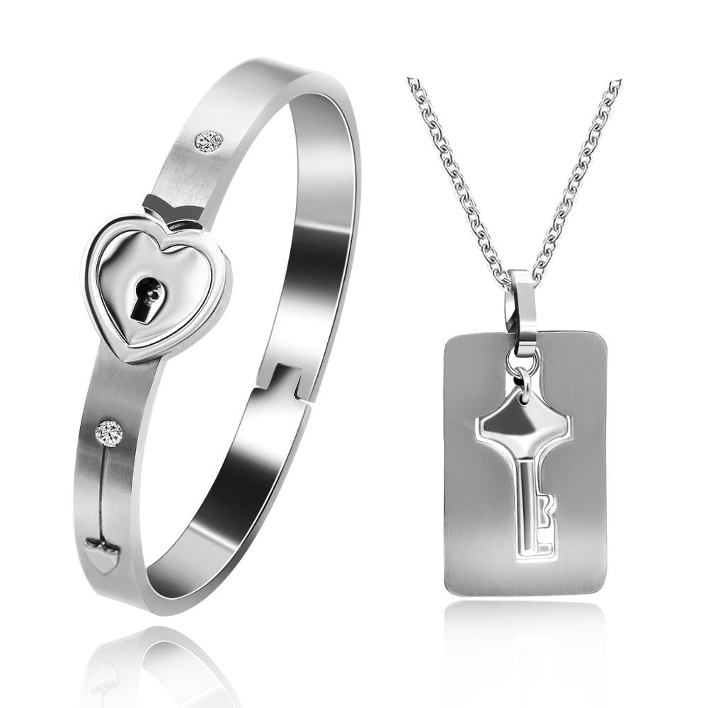 Uloveido Stainless Steel Lock and Key Necklace and Bracelet Matching Jewelry for Men and Women