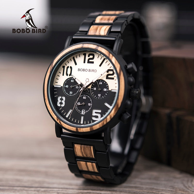 Wooden Stainless Steel Watch Men Water Resistant Timepieces Chronograph Quartz Watches